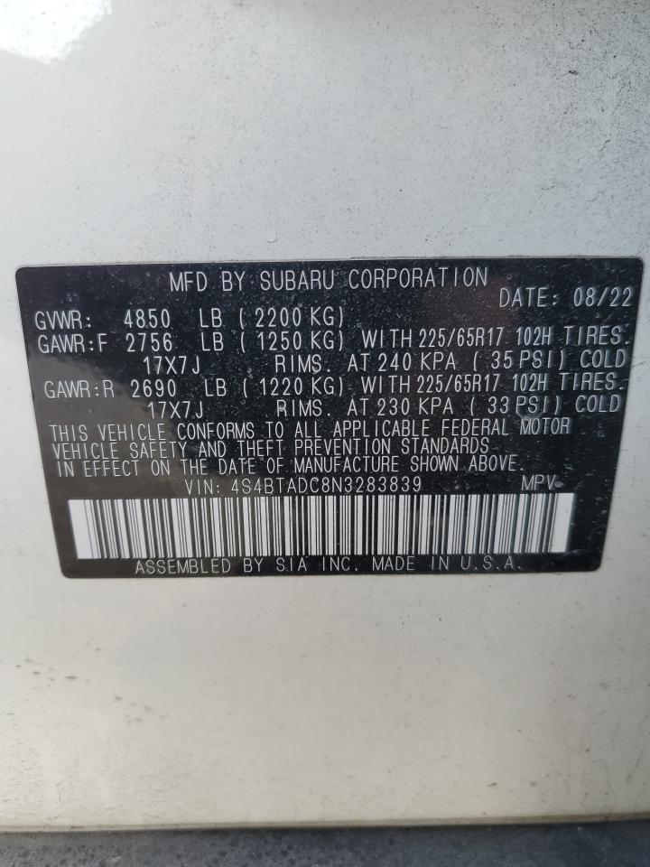 2022 SUBARU OUTBACK PREMIUM VIN:4S4BTADC8N3283839