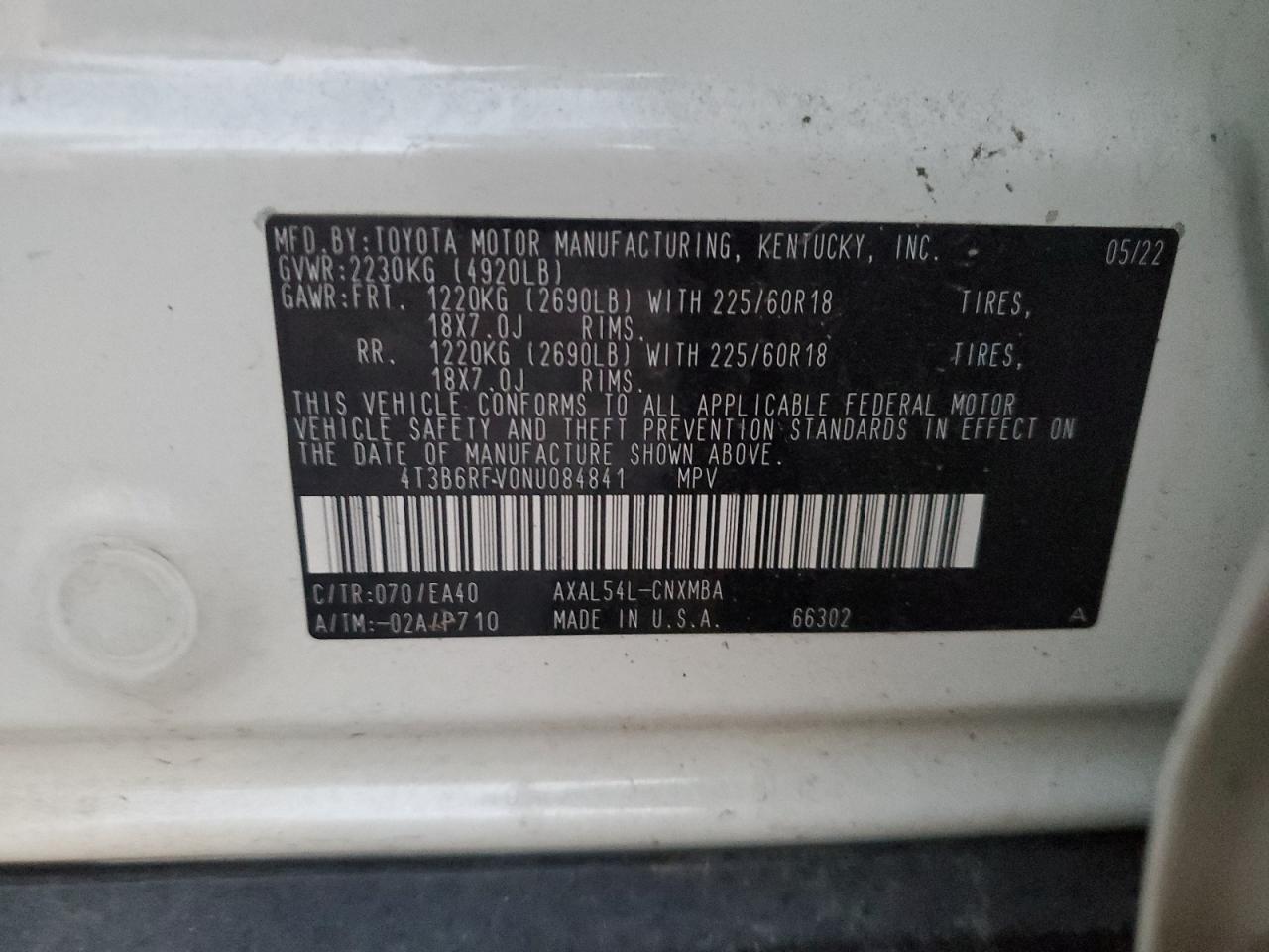 2022 TOYOTA RAV4 XLE PREMIUM VIN:4T3B6RFV0NU084841