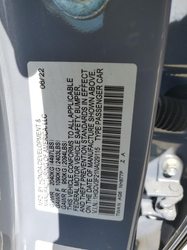 2022 HONDA ACCORD HYBRID SPORT VIN:1HGCV3F21NA029115