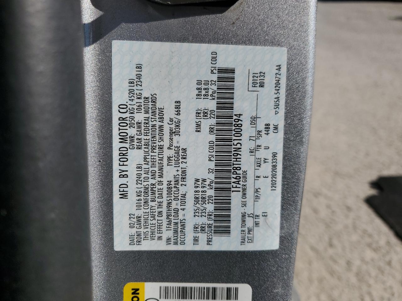 2022 FORD MUSTANG  VIN:1FA6P8TH9N5100894