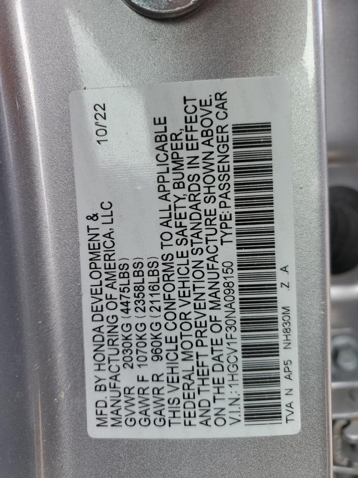 2022 HONDA ACCORD SPORT VIN:1HGCV1F30NA098150