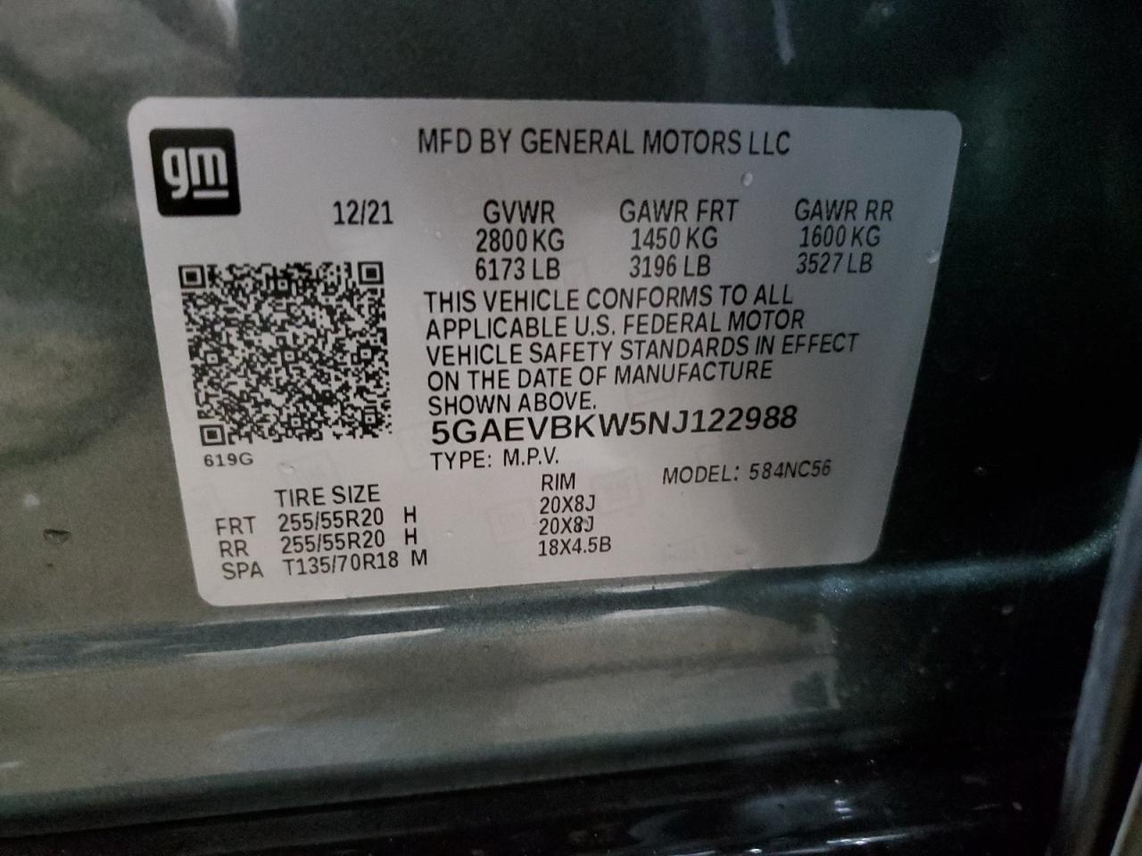 2022 BUICK ENCLAVE PREMIUM VIN:5GAEVBKW5NJ122988