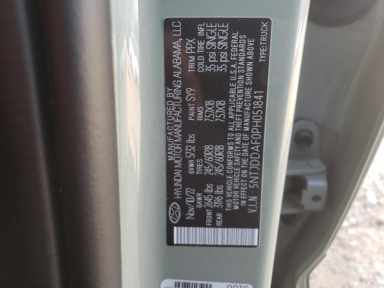 2023 HYUNDAI SANTA CRUZ SEL PREMIUM VIN:5NTJDDAF0PH051841