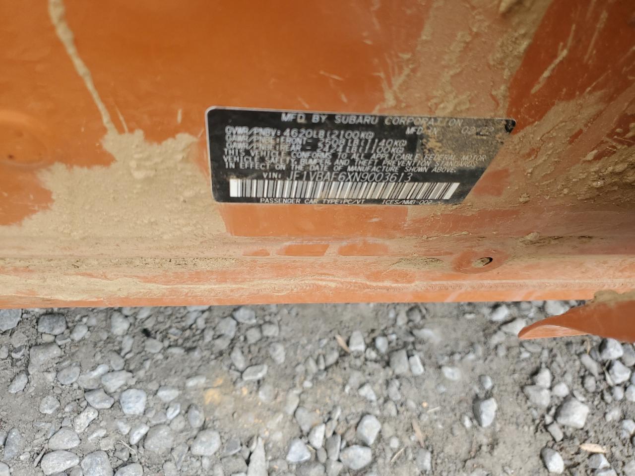 2022 SUBARU WRX PREMIUM VIN:JF1VBAF6XN9003613