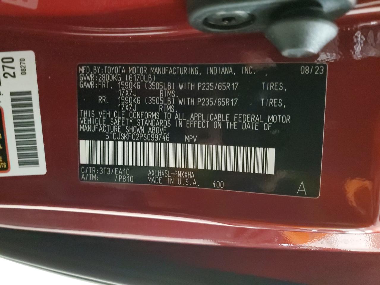 2023 TOYOTA SIENNA XLE VIN:5TDJSKFC2PS099746