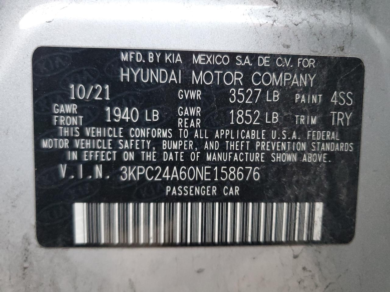 2022 HYUNDAI ACCENT SE VIN:3KPC24A60NE158676
