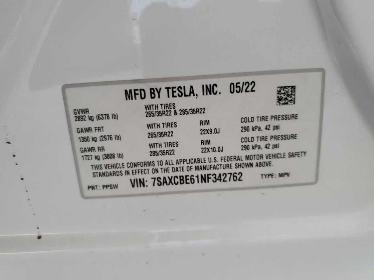 2022 TESLA MODEL X  VIN:7SAXCBE61NF342762