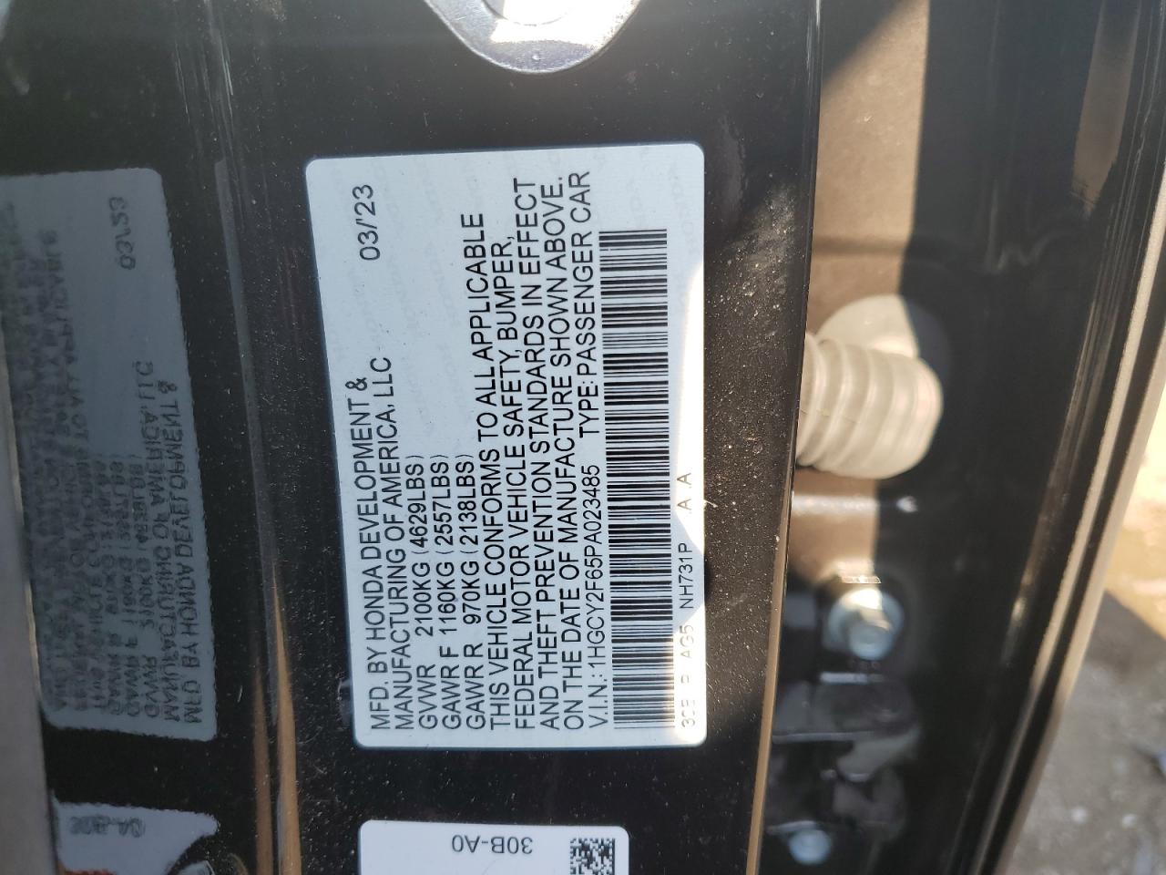 2023 HONDA ACCORD HYBRID EXL VIN:1HGCY2F65PA023485