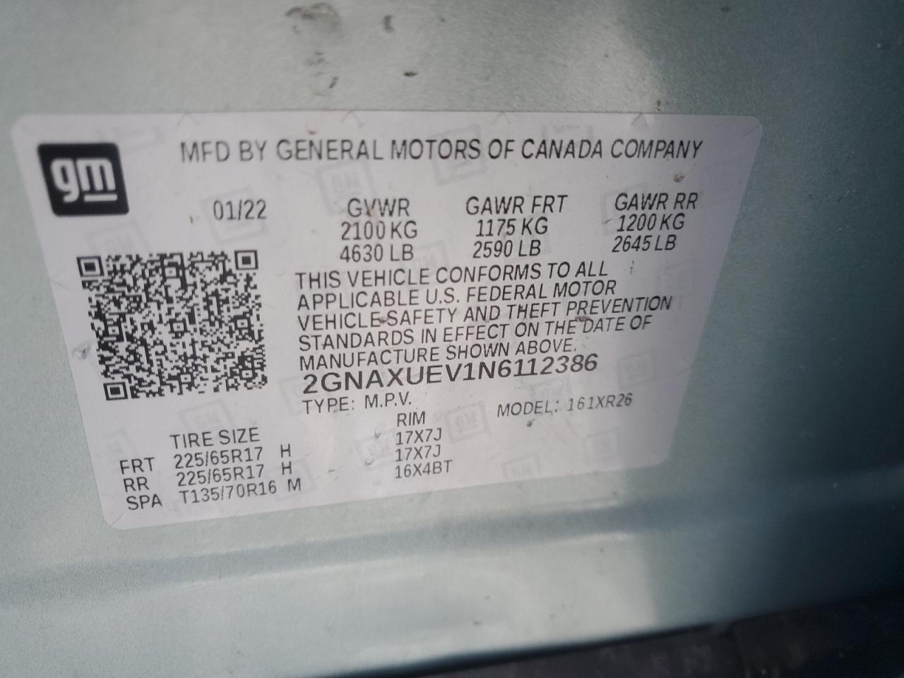 2022 CHEVROLET EQUINOX LT VIN:2GNAXUEV1N6112386