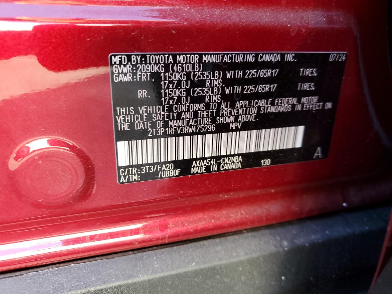 2024 TOYOTA RAV4 XLE VIN:2T3P1RFV3RW475296