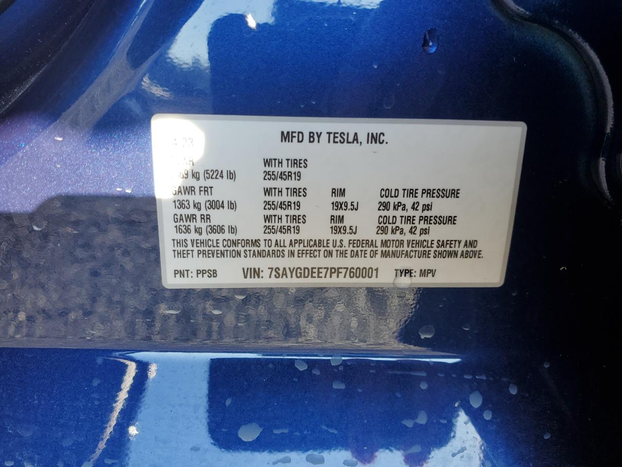 2023 TESLA MODEL Y  VIN:7SAYGDEE7PF760001