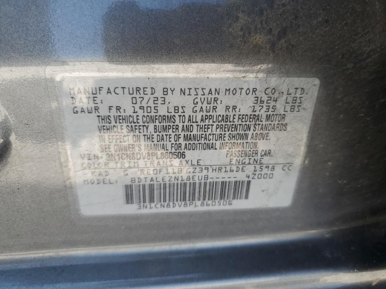 2023 NISSAN VERSA S VIN:3N1CN8DV8PL860506