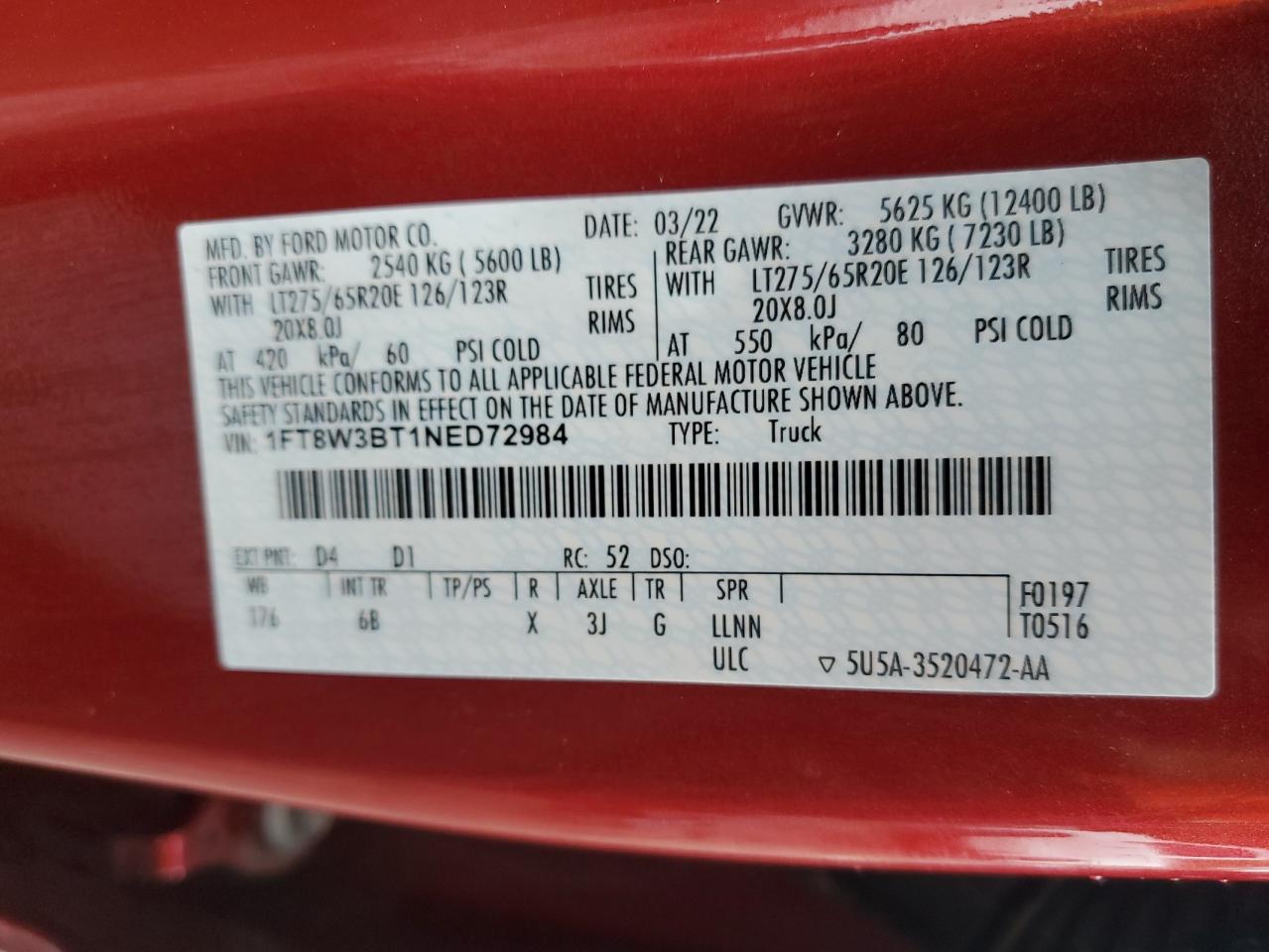 2022 FORD F350 SUPER DUTY VIN:1FT8W3BT1NED72984