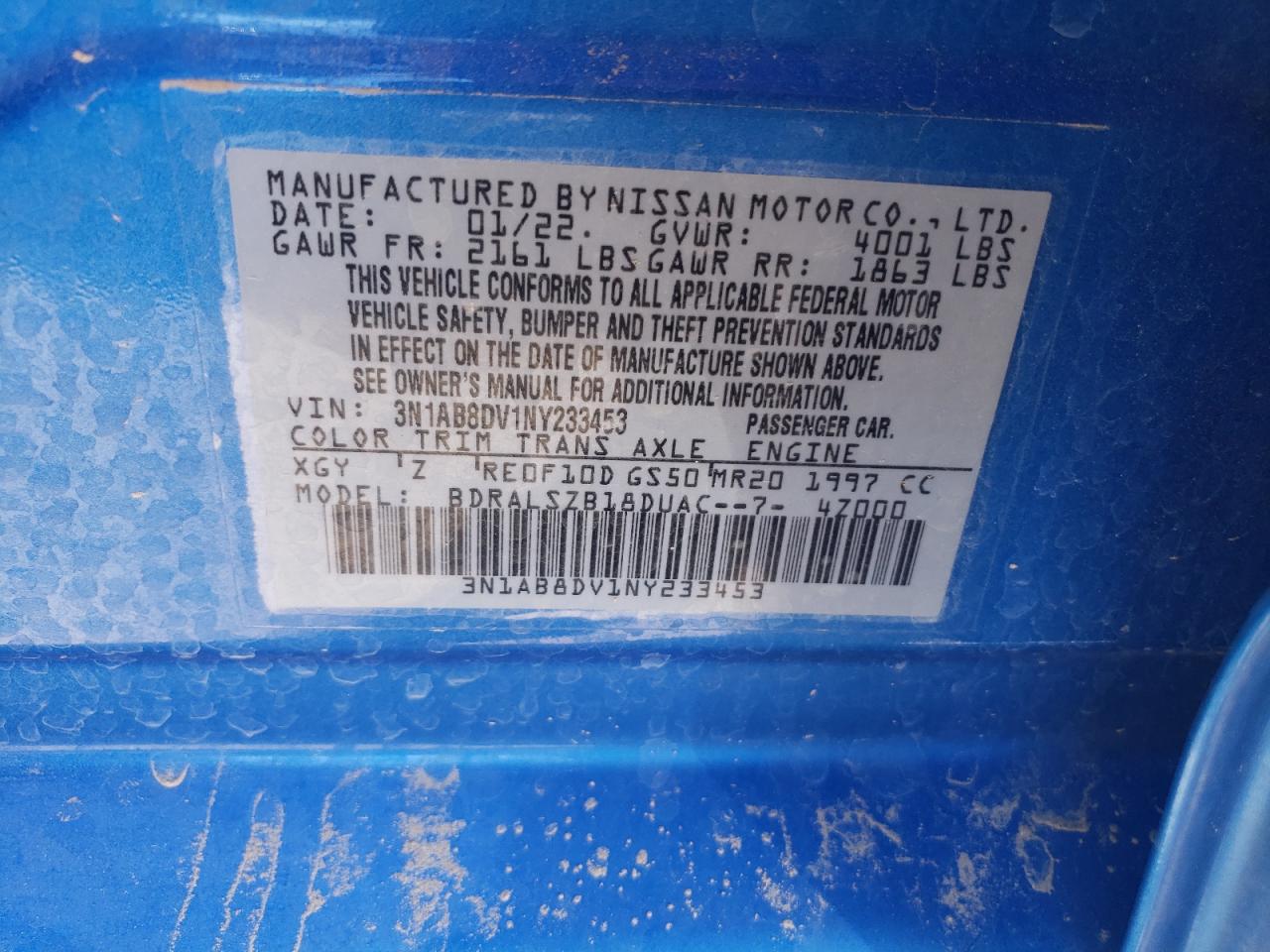 2022 NISSAN SENTRA SR VIN:3N1AB8DV1NY233453