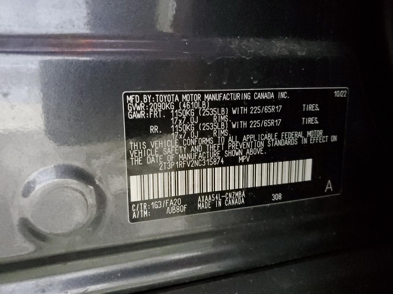 2022 TOYOTA RAV4 XLE VIN:2T3P1RFV2NC315874