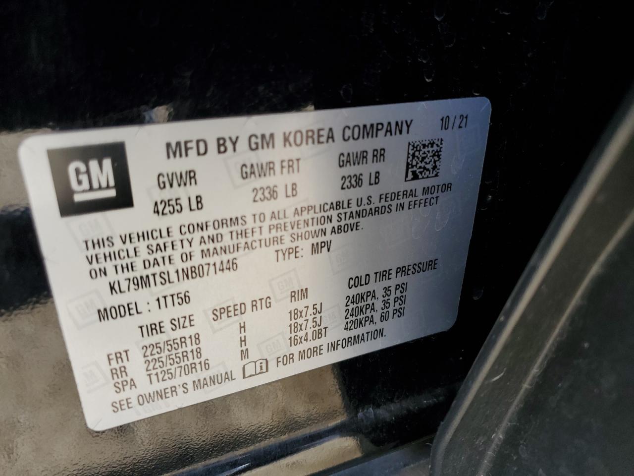 2022 CHEVROLET TRAILBLAZER RS VIN:KL79MTSL1NB071446