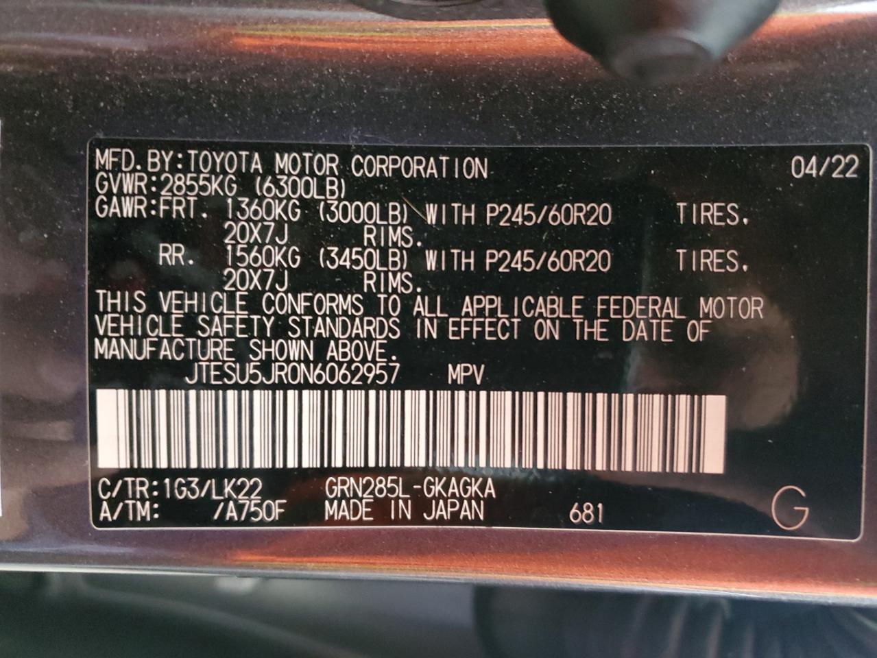 2022 TOYOTA 4RUNNER SR5 PREMIUM VIN:JTESU5JR0N6062957