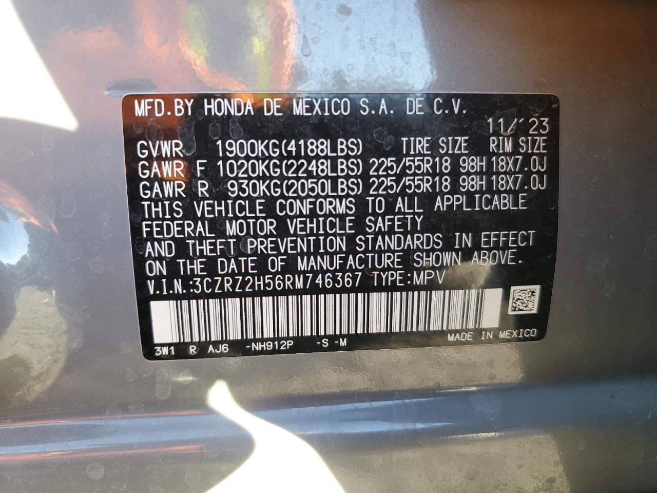 2024 HONDA HR-V SPORT VIN:3CZRZ2H56RM746367