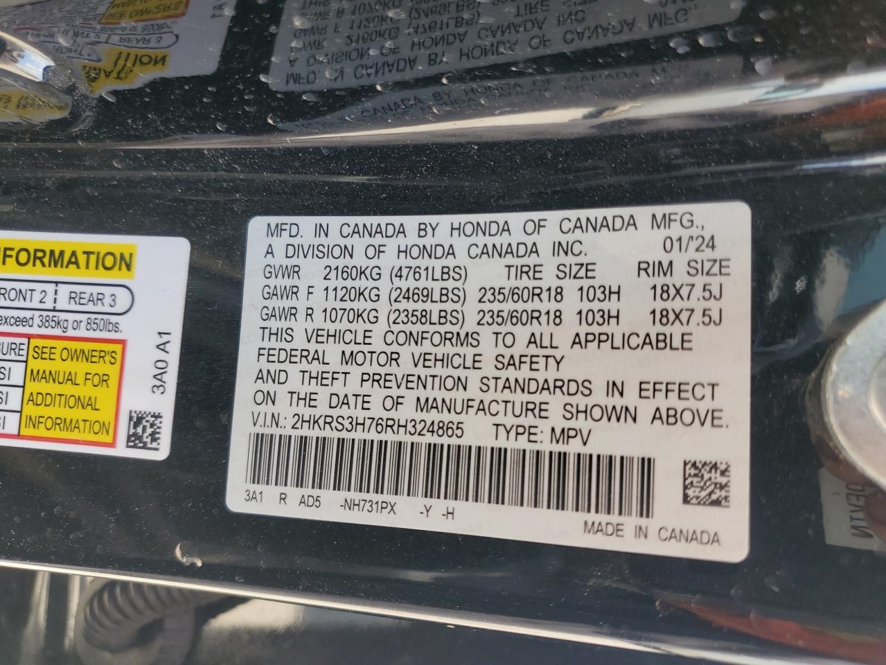 2024 HONDA CR-V EXL VIN:2HKRS3H76RH324865