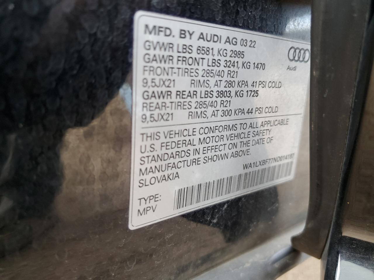 2022 AUDI Q7 PREMIUM PLUS VIN:WA1LXBF77ND014187