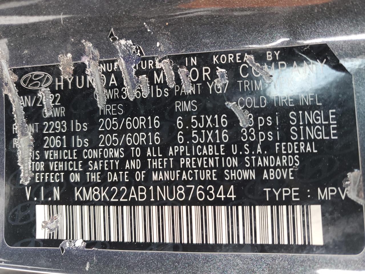 2022 HYUNDAI KONA SEL VIN:KM8K22AB1NU876344