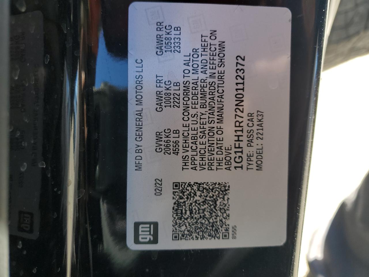 2022 CHEVROLET CAMARO SS VIN:1G1FH1R72N0112372