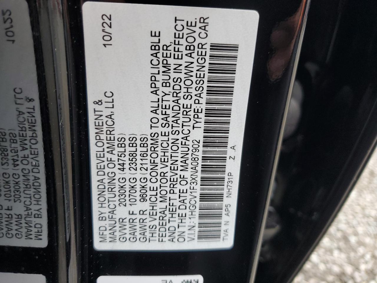 2022 HONDA ACCORD SPORT VIN:1HGCV1F3XNA087902