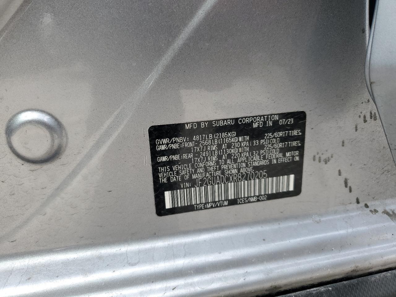 2024 SUBARU CROSSTREK PREMIUM VIN:JF2GUADCXR8270205