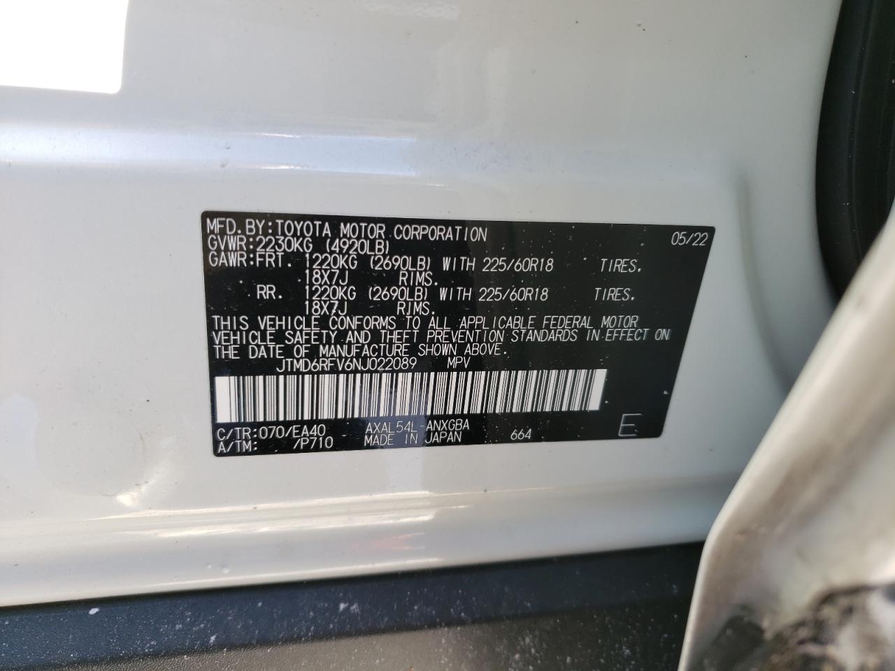 2022 TOYOTA RAV4 LIMITED VIN:JTMD6RFV6NJ022089