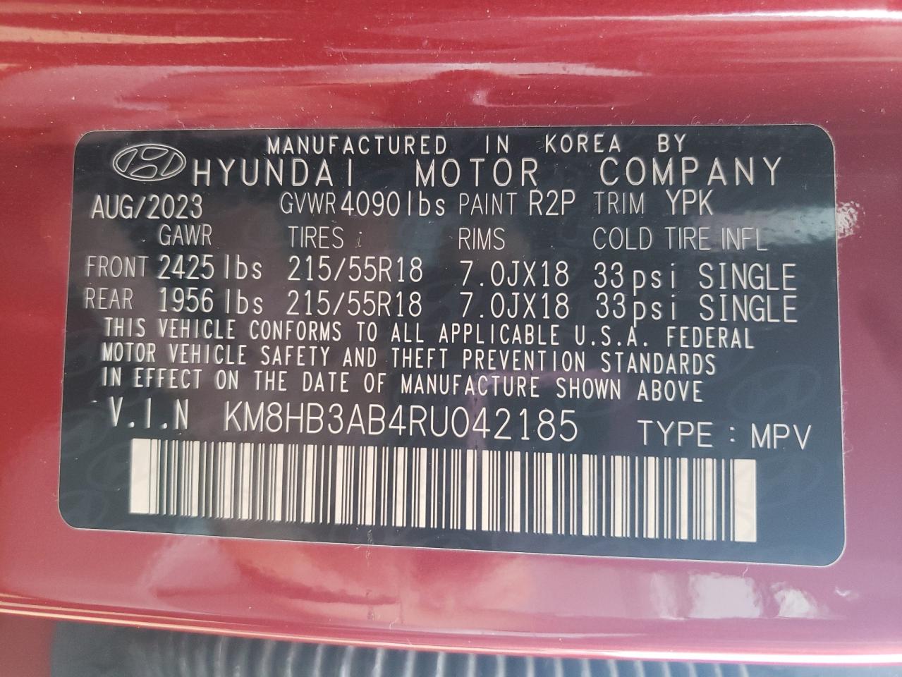 2024 HYUNDAI KONA SEL VIN:KM8HB3AB4RU042185