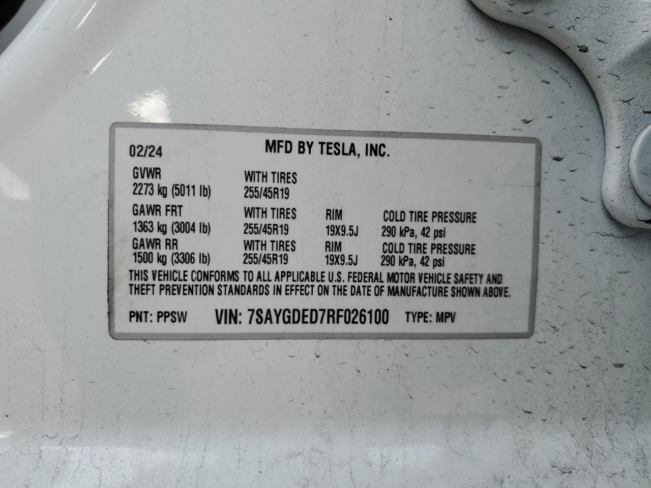 2024 TESLA MODEL Y  VIN:7SAYGDED7RF026100