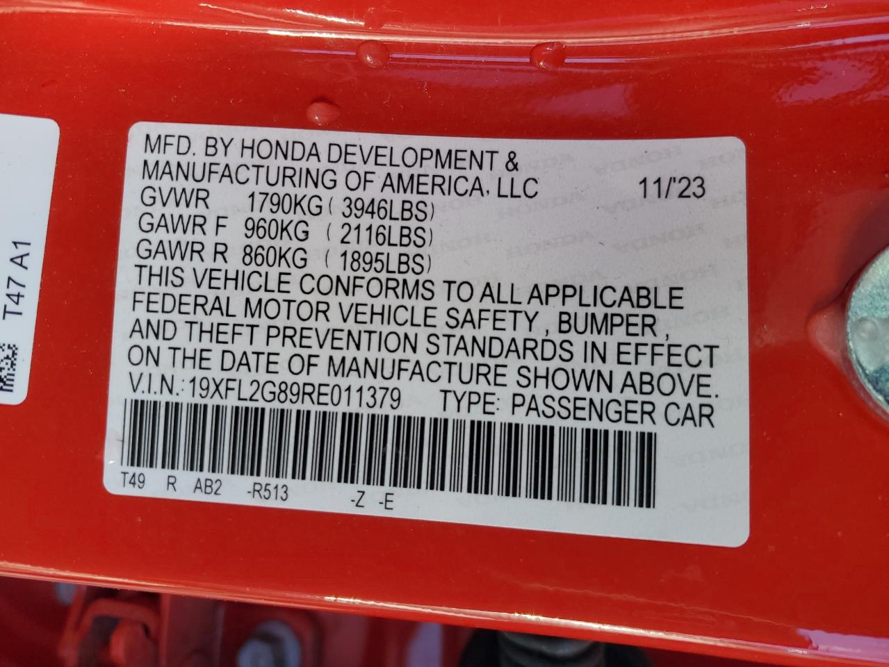 2024 HONDA CIVIC SPORT VIN:19XFL2G89RE011379