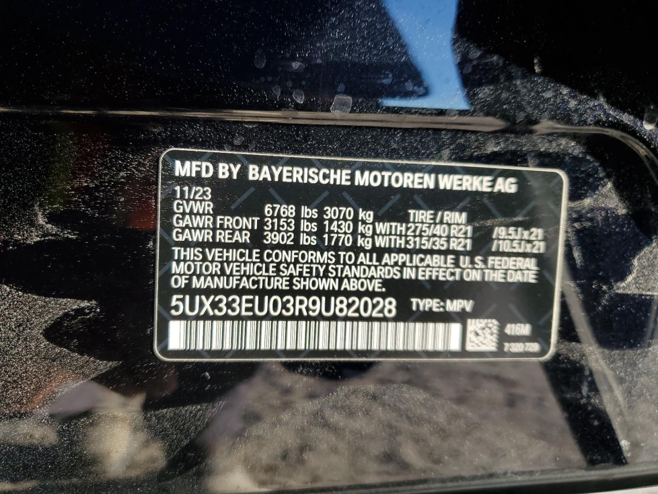 2024 BMW X5 M60I VIN:5UX33EU03R9U82028