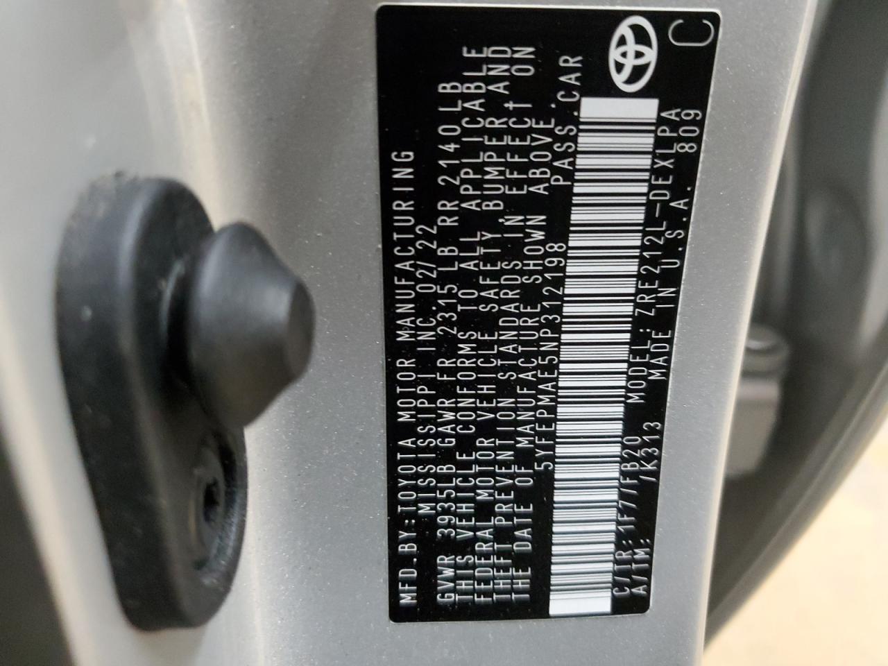 2022 TOYOTA COROLLA LE VIN:5YFEPMAE5NP312198