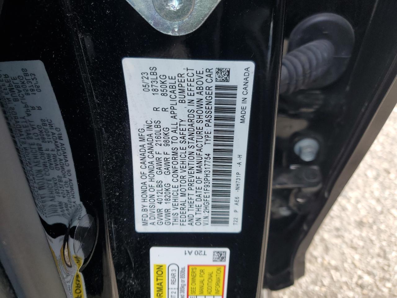 2023 HONDA CIVIC TOURING VIN:2HGFE1F93PH317754