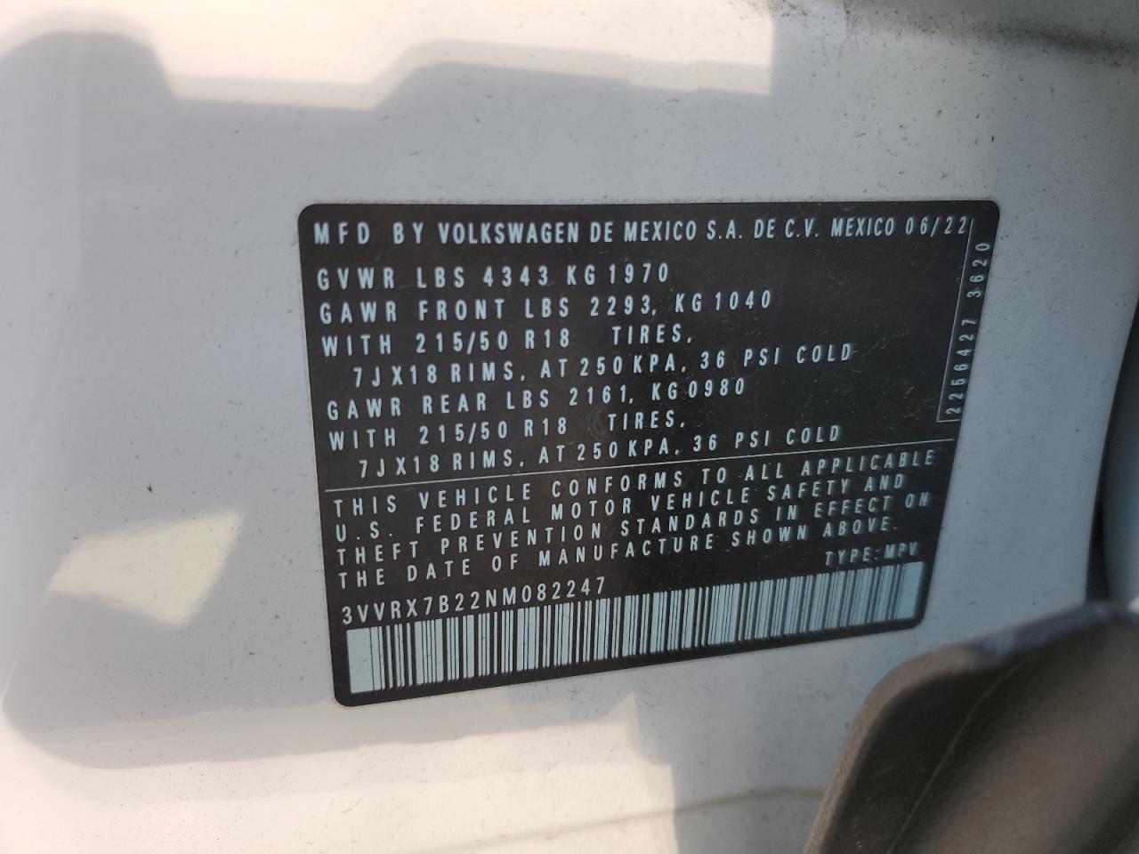 2022 VOLKSWAGEN TAOS SE VIN:3VVRX7B22NM082247