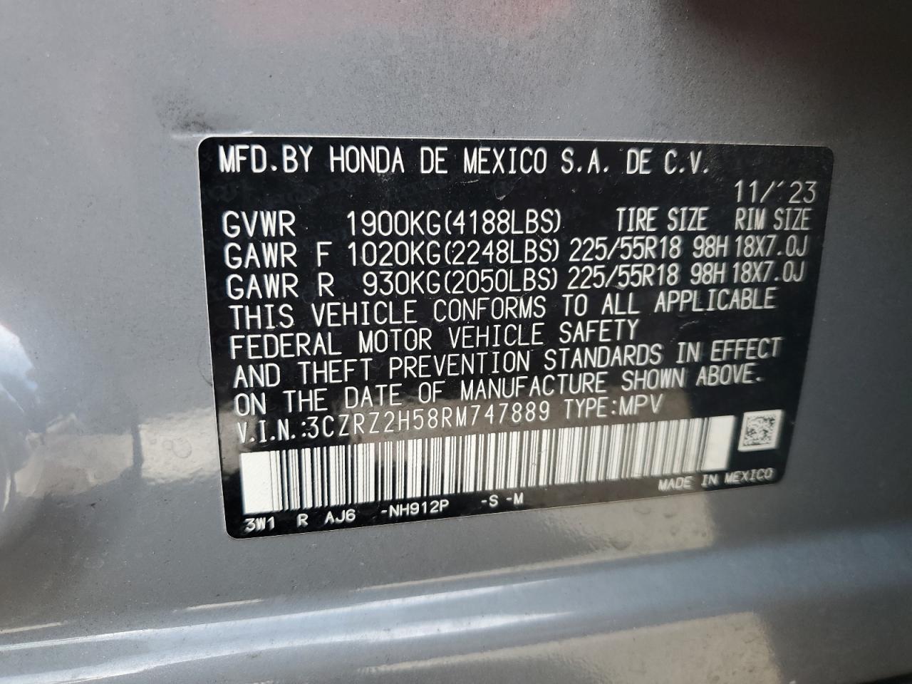 2024 HONDA HR-V SPORT VIN:3CZRZ2H58RM747889