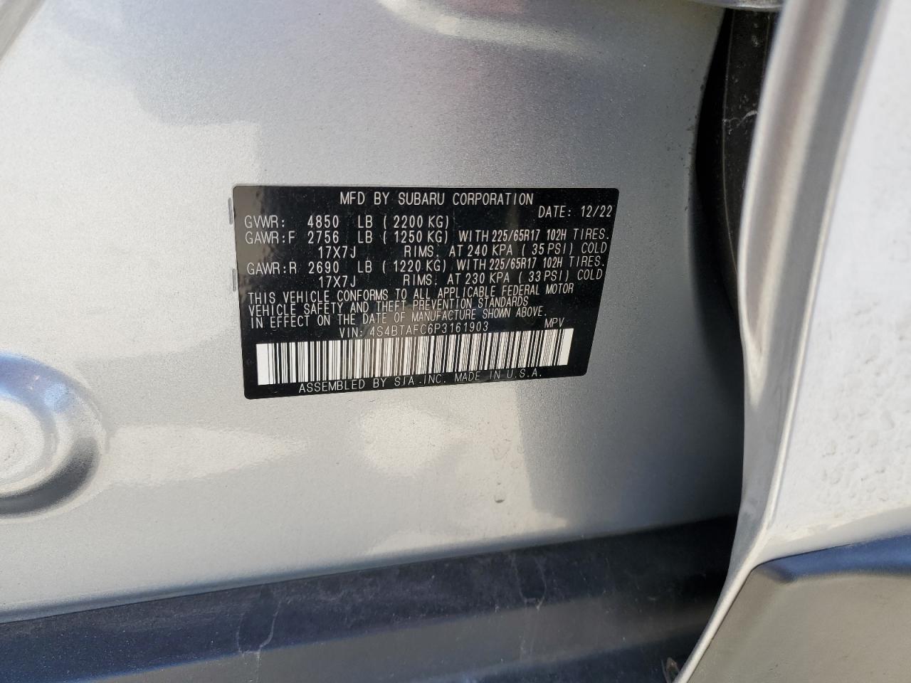 2023 SUBARU OUTBACK PREMIUM VIN:4S4BTAFC6P3161903