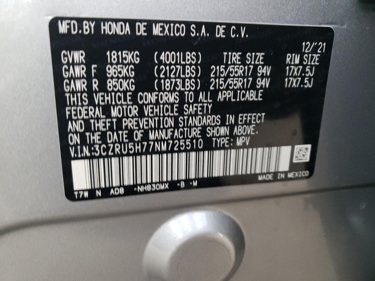 2022 HONDA HR-V EXL VIN:3CZRU5H77NM725510
