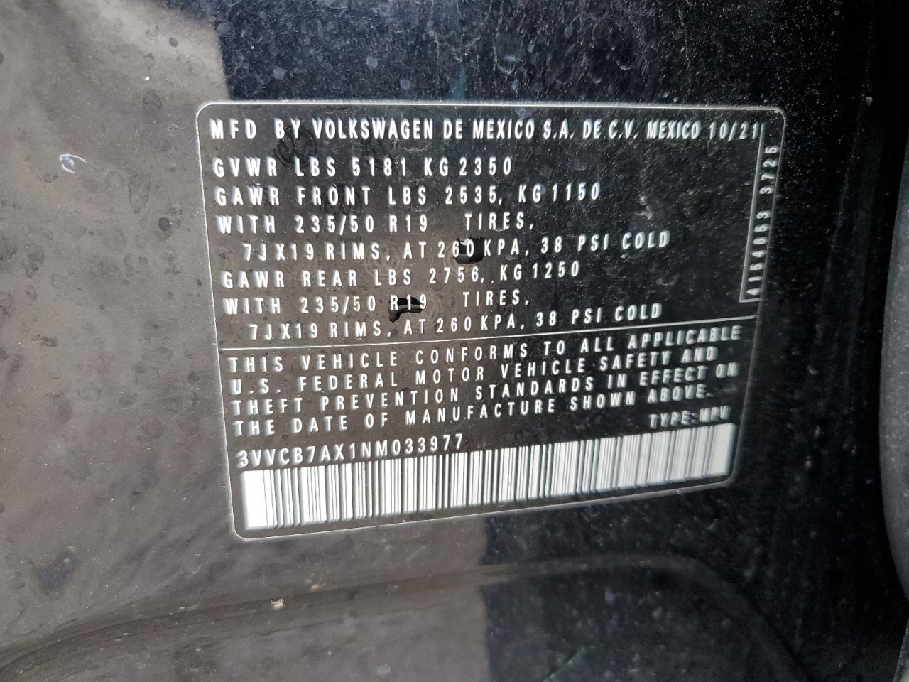 2022 VOLKSWAGEN TIGUAN SE R-LINE BLACK VIN:3VVCB7AX1NM033977