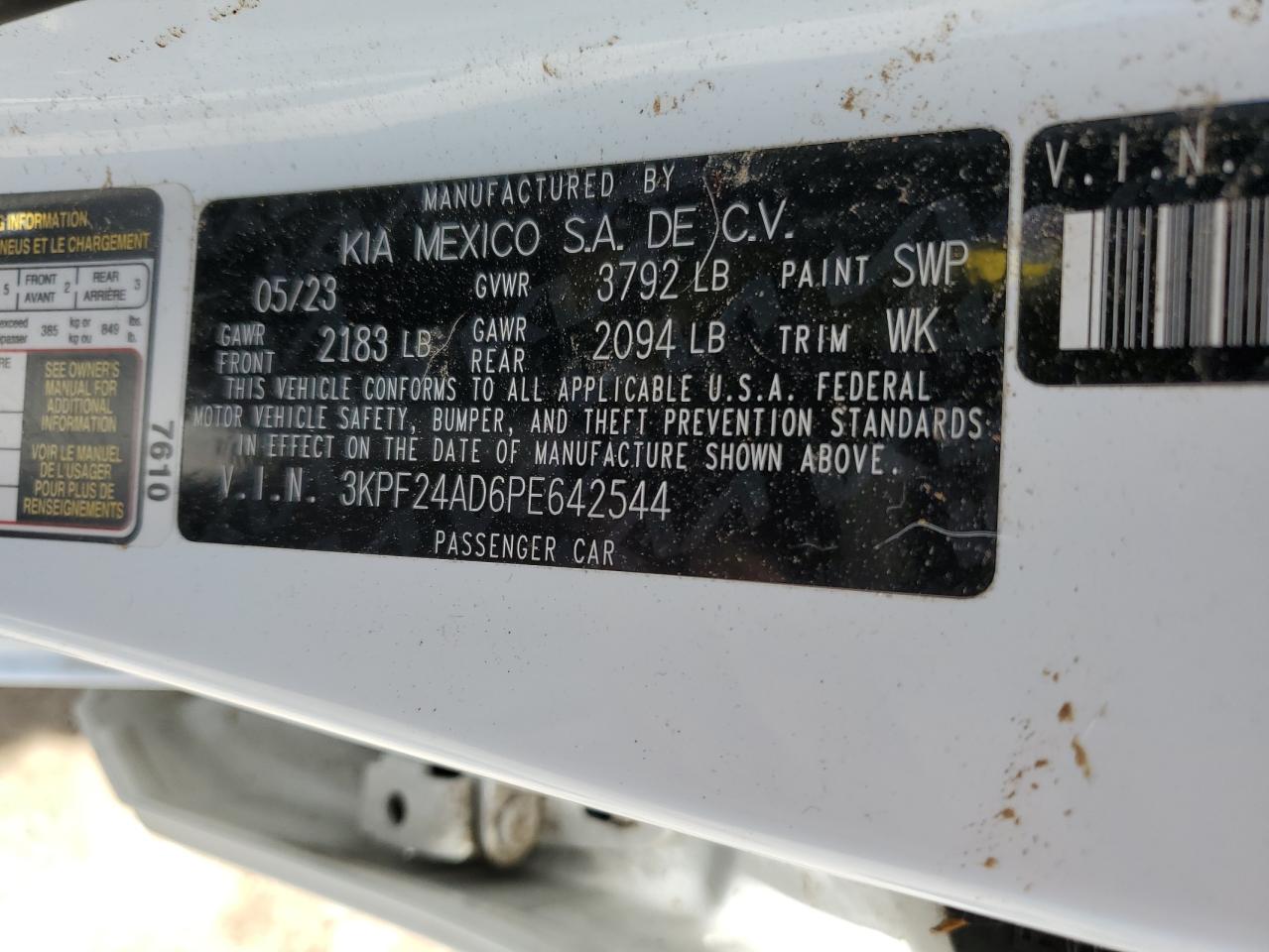 2023 KIA FORTE LX VIN:3KPF24AD6PE642544