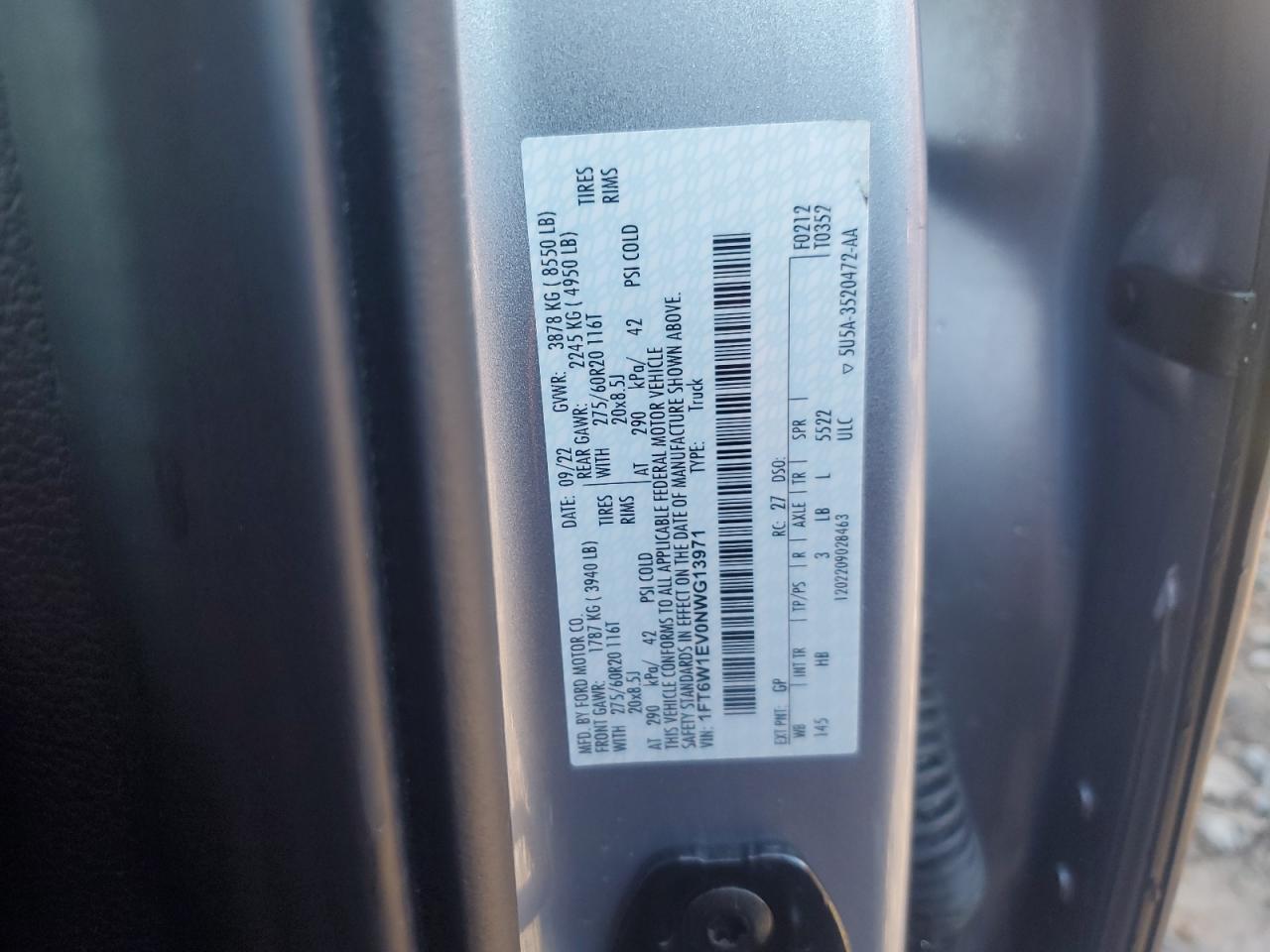 2022 FORD F150 LIGHTNING PRO VIN:1FT6W1EV0NWG13971