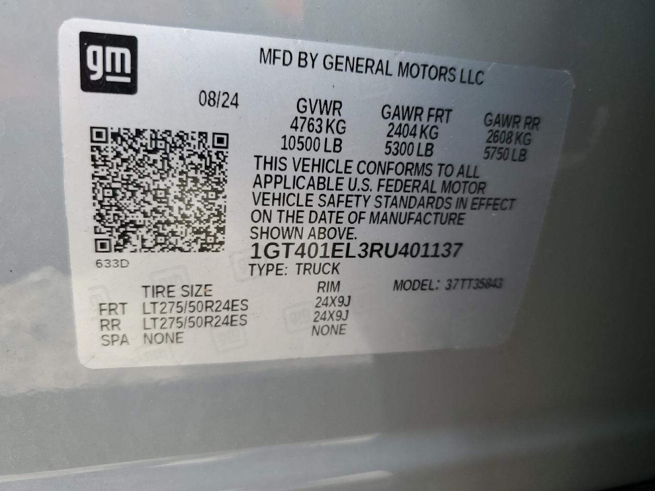 2024 GMC SIERRA DENALI VIN:1GT401EL3RU401137