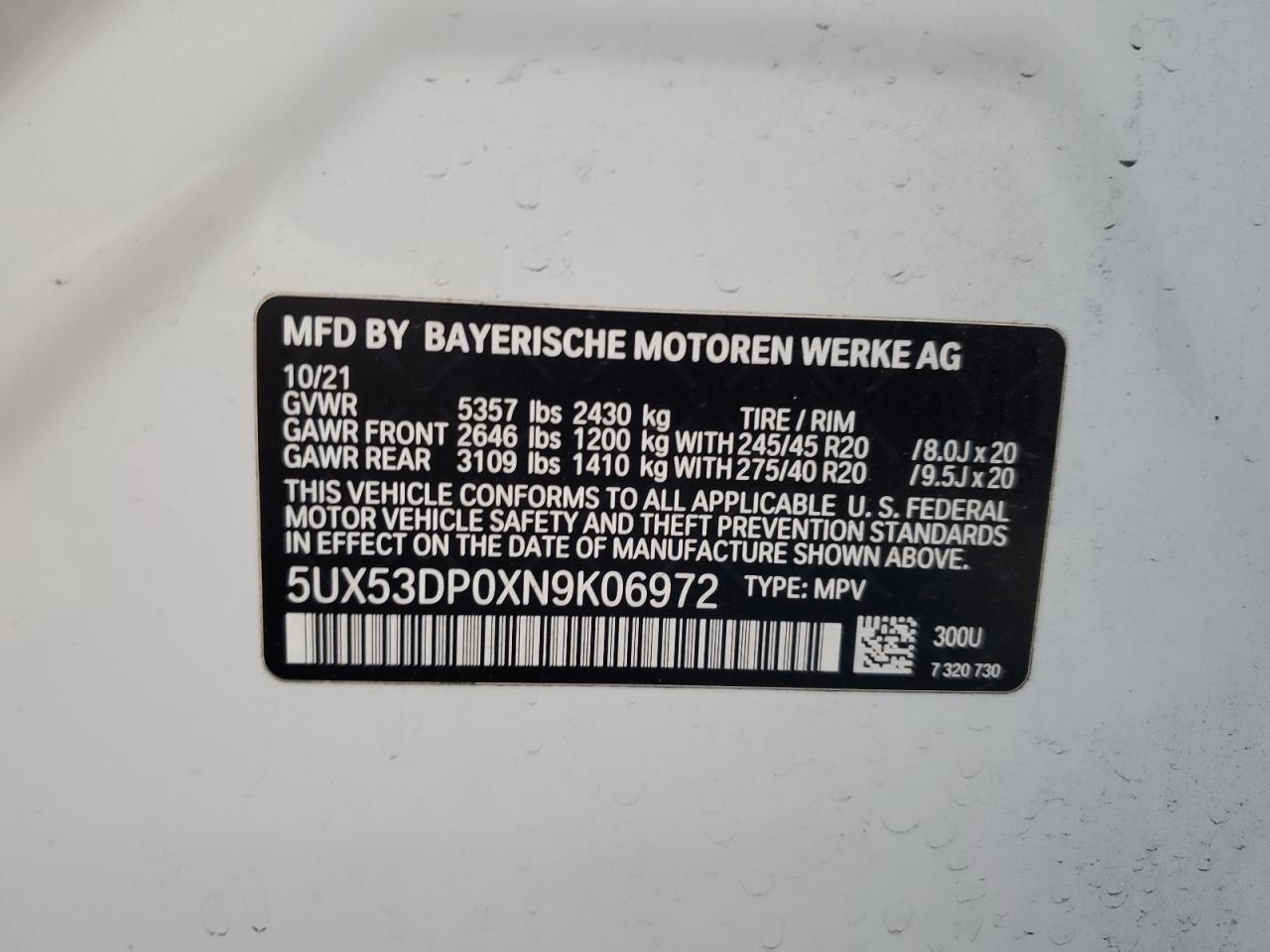 2022 BMW X3 XDRIVE30I VIN:5UX53DP0XN9K06972