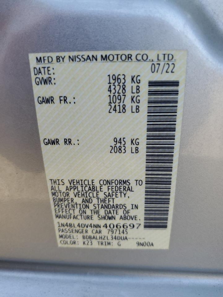 2022 NISSAN ALTIMA SV VIN:1N4BL4DV4NN406697