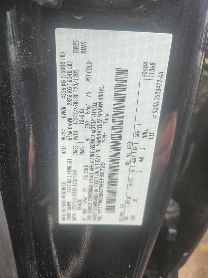 2022 FORD F250 SUPER DUTY VIN:1FT7W2B67NEF56729