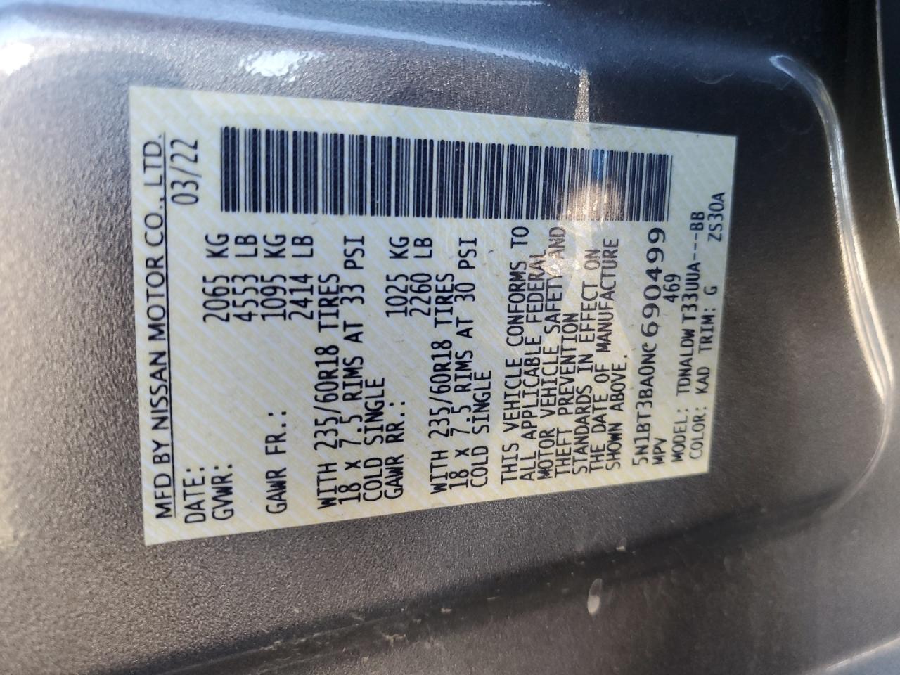 2022 NISSAN ROGUE SV VIN:5N1BT3BA0NC690499