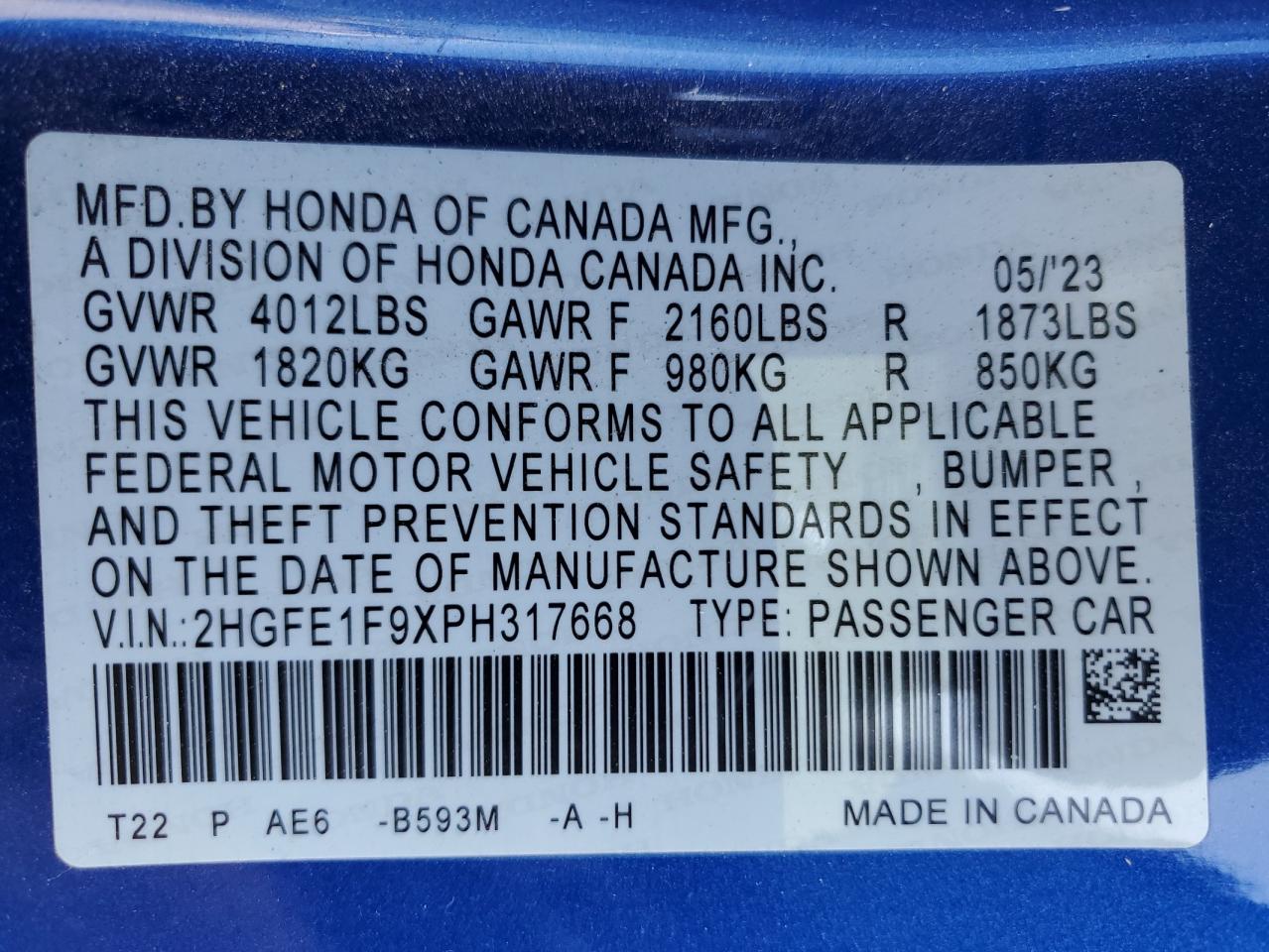 2023 HONDA CIVIC TOURING VIN:2HGFE1F9XPH317668