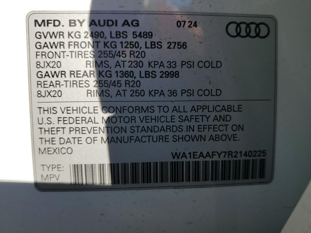 2024 AUDI Q5 PREMIUM PLUS 45 VIN:WA1EAAFY7R2140225