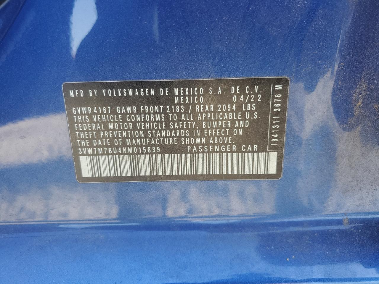 2022 VOLKSWAGEN JETTA SE VIN:3VW7M7BU4NM015839